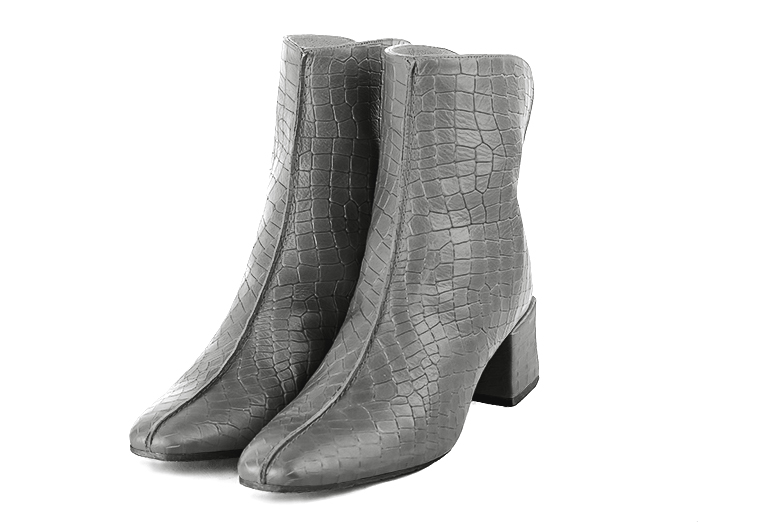 Ash grey women's ankle boots with a zip at the back. Square toe. Medium block heels. Front view - Florence KOOIJMAN